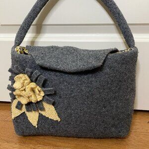 Handmade Felted Wool Shoulder Bag Gray Yellow Floral Lining Cottagecore Purse